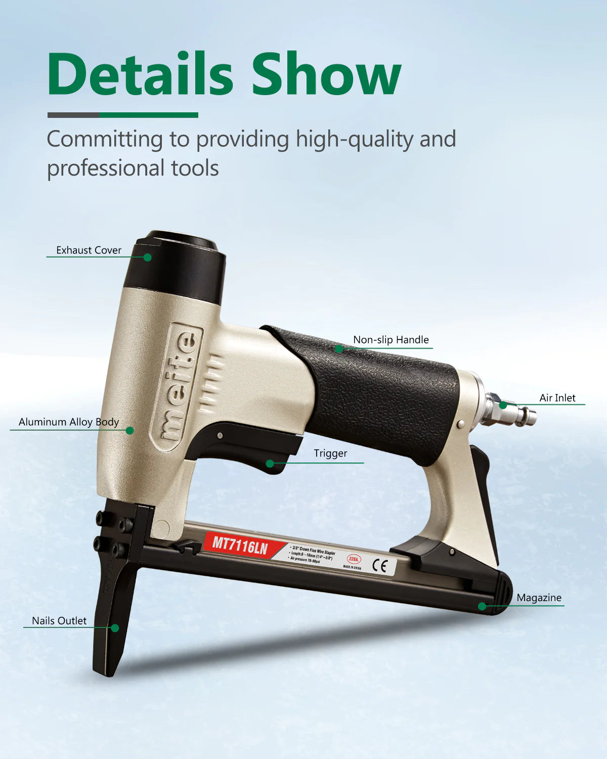 A MEITEUSA MT7116LN fine wire stapler, a precision tool for professional use in construction and upholstery