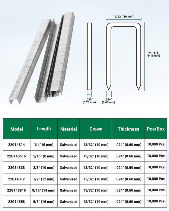 22 Gauge 14 Series 13/32" Crown 1/4" to 5/8" Length Fine Wire Staples - MEITE USA