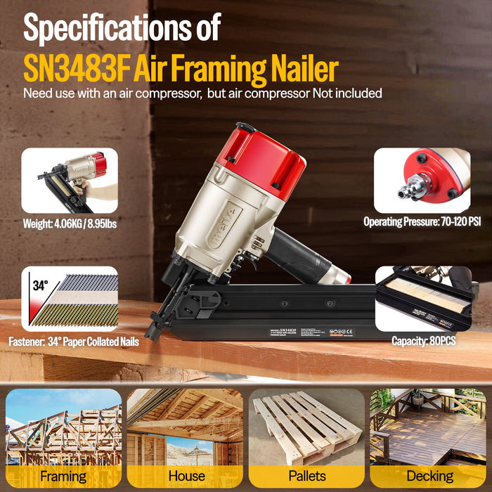 30 Degree Round Head 2" to 3-1/4" Length Paper Collated Framing Nailer--SN3483F