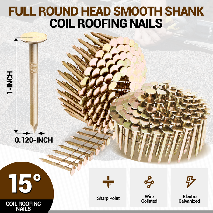 15 Degree Round Head 1" to 1-3/4" × .120 Smooth Shank Coil Roofing Nails - MEITE USA