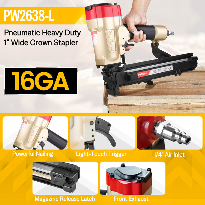 16 Gauge 1'' Crown 5/8'' to 1-1/2'' Length Heavy Duty Pneumatic Stapler PW2638-L