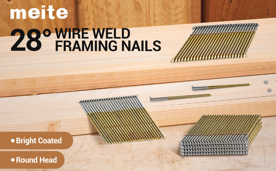 28 Degree Wire Strip Framing Nails - Smooth/Ring Shank Round Head Bright Coated - MEITE USA