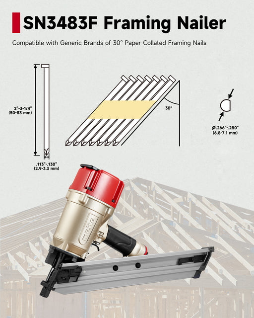 30 Degree Round Head 2" to 3-1/4" Length Paper Collated Framing Nailer--SN3483F - MEITE USA