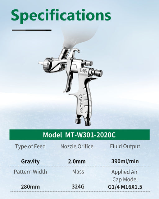 2.0 mm Nozzle Gravity Feed Air Spray Gun 600cc Cup W301 HVLP - MEITE USA