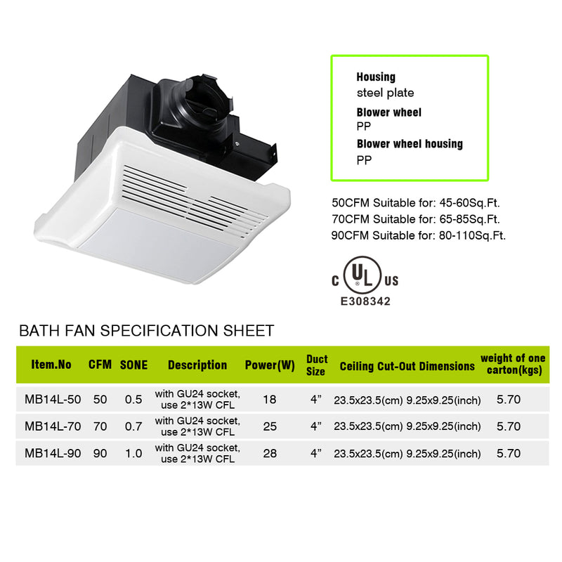 Recessed Exhaust Ventilation Fan Bath Fan with Fluorescent Light - Meite USA